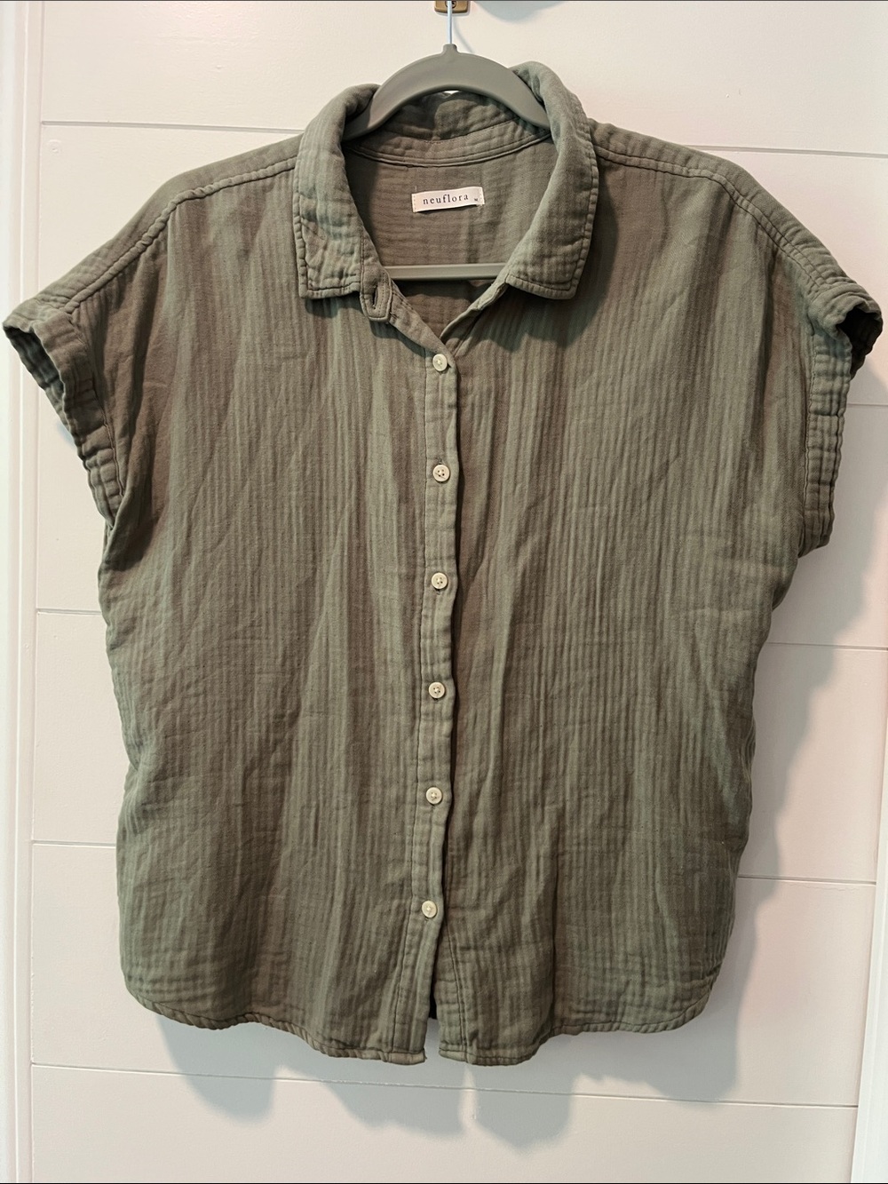 Neuflora Olive Button-Front Short Sleeve Cotton Top